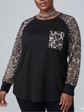 😍CLEARANCE -EMSJ Black Long Sleeve Tee Cheetah Print Sheer Sleeves & Pocket 2X